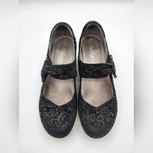 Alegria Leather Black Embossed Velvet Floral Mary Janes Sz 38/8